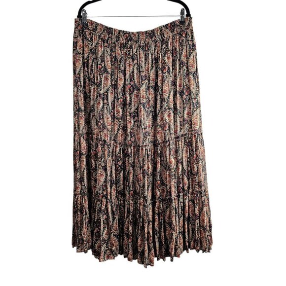 ZARA New Paisley Floral Print Metallic Boho Tiered Full Black Midi Skirt - Picture 8 of 13